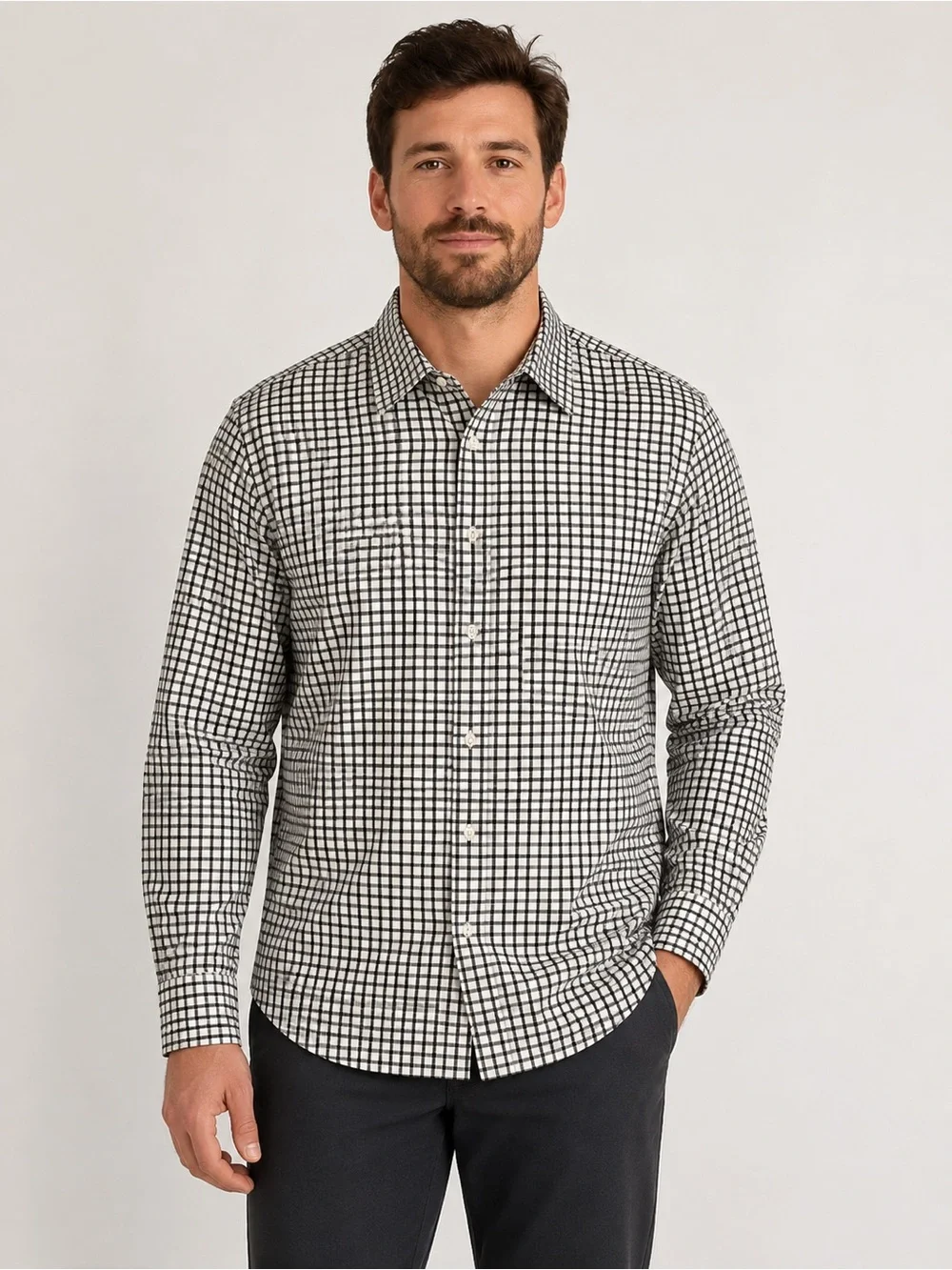 Michael Kors Men’s Large Black White Check Long Sleeve Button-Up Shirt